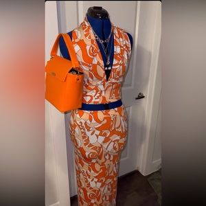 Orange print halter top and long split skirt